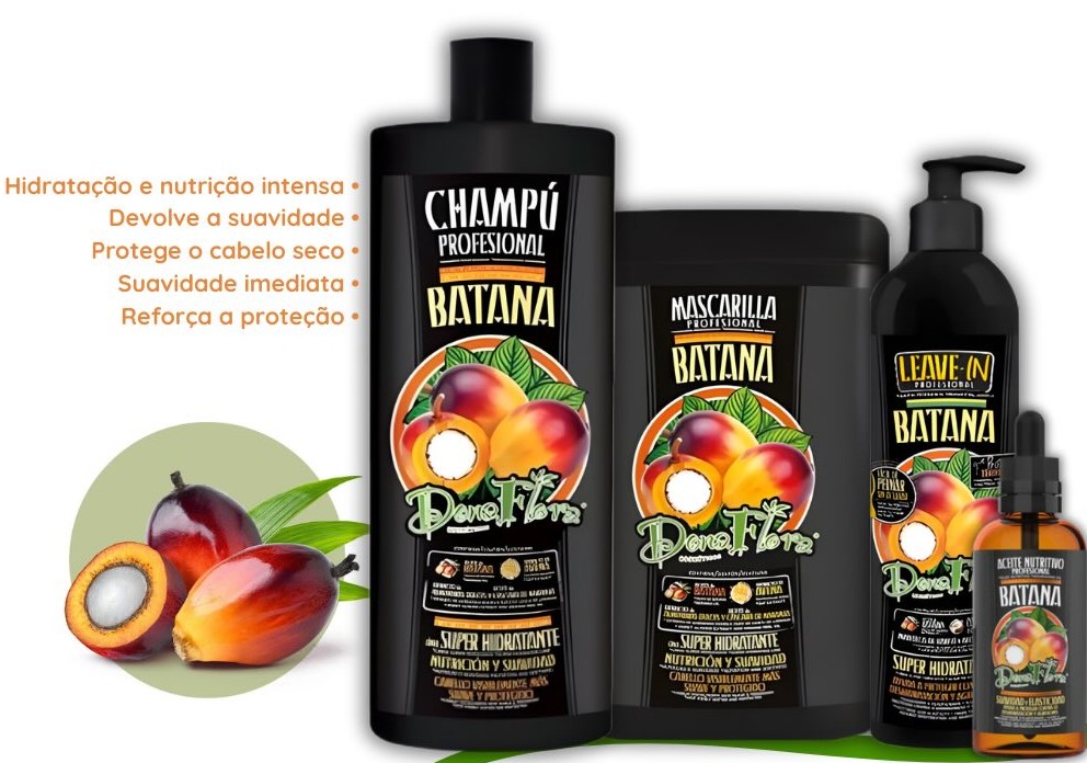 Produtos para cabelo Batana com rótulos em preto e ilustrações de frutos tropicais