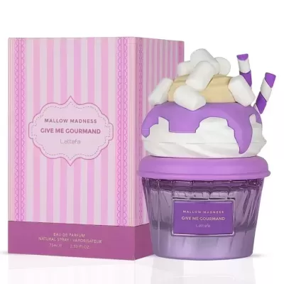 Frasco de perfume cupcake lilás e caixa rosa às riscas