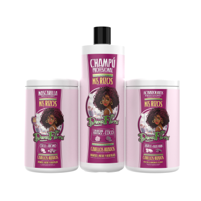 Três produtos para cabelo da marca 'Dunas Flor' cor-de-rosa para cabelos ruivos com coco.