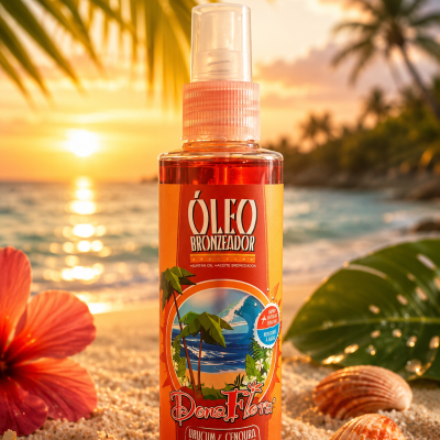 Frasco de óleo bronzeador Dona Flor em praia ao pôr do sol