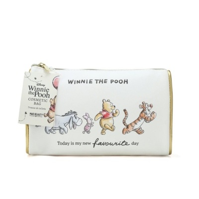 Bolsa de cosméticos branca com estampa de Winnie the Pooh e seus amigos.