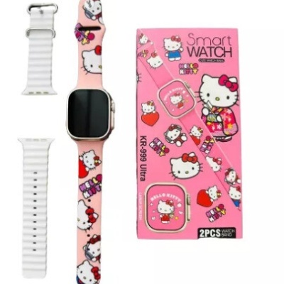 Relógio inteligente Hello Kitty com pulseiras rosa e branca e embalagem cor-de-rosa.