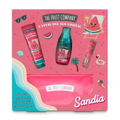 Conjunto The Fruit Company Sandía com creme de mãos, óleo de toilette, néctar labial e necessaire cor-de-rosa