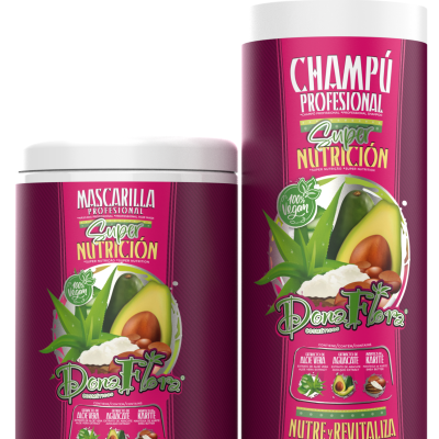 Frascos de champô e mascarilla Dona Flora com rótulos roxos e verdes com abacate e aloé vera.