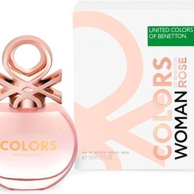 Perfume Colors Woman Rose com frasco rosa e tampa dourada rosada e caixa branca