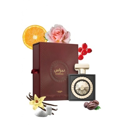 Frasco de perfume com caixa castanha e elementos naturais ao redor