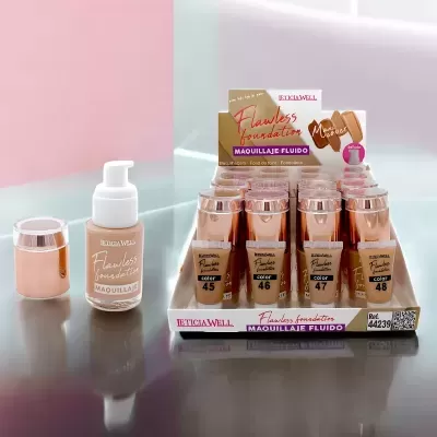 Frascos de base líquida PETICAWELL em expositor com 4 tons