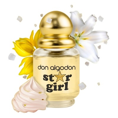 Frasco de perfume Don Algodon Star Girl com flores e creme ao redor