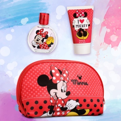 Conjunto Minnie Mouse com perfume, gel de banho e estojo vermelho com padrão de bolinhas