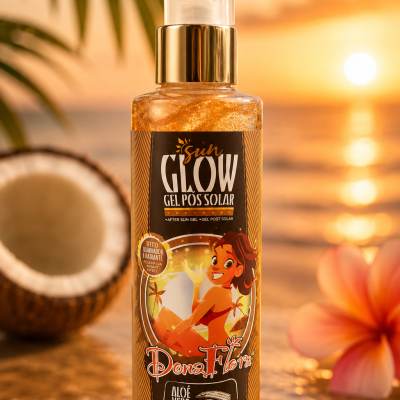 Gel pós solar Dona Flora em frasco dourado com partículas brilhantes, coco partido e flor ao fundo na praia ao pôr do sol