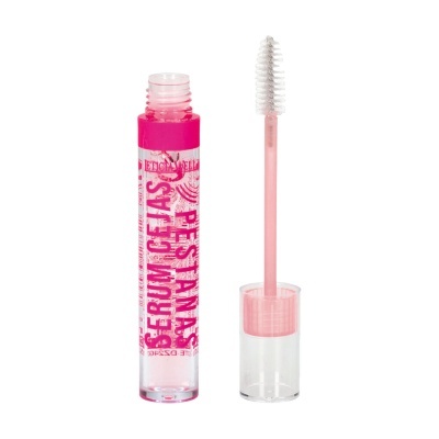 Sérum para pestanas transparente com tampa rosa e pincel