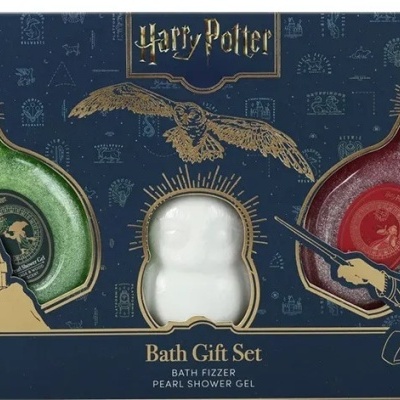 Conjunto de banho Harry Potter com bomba de banho branca e dois géis de duche perlados verde e vermelho