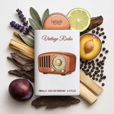 Frasco de perfume Vintage Radio com design de rádio retro cercado por ingredientes naturais