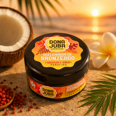 Embalagem preta de cosmético acelerador de bronzeado em praia com coco e flores
