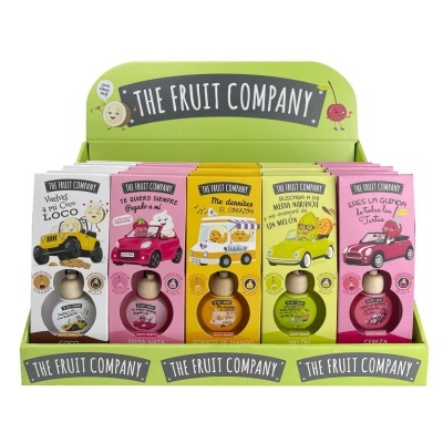 Cinco frascos de The Fruit Company com rótulos coloridos em caixa verde