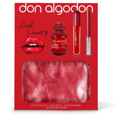 Conjunto beleza don algodon Red Party com frasco eau de toilette, lip gloss, glitter eyeliner e necessaire vermelho.