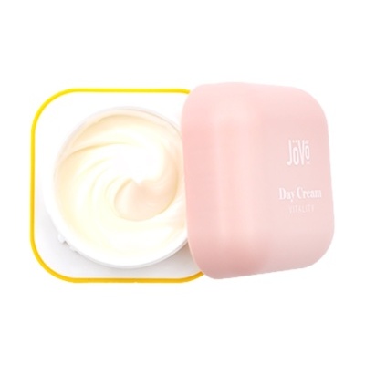 Creme de dia em recipiente branco com tampa rosa claro e texto Joyé Day Cream