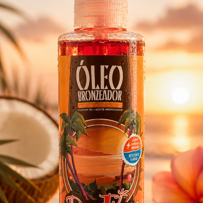 Frasco de óleo bronzeador Dona Flora em fundo de pôr-do-sol com coco e flor.