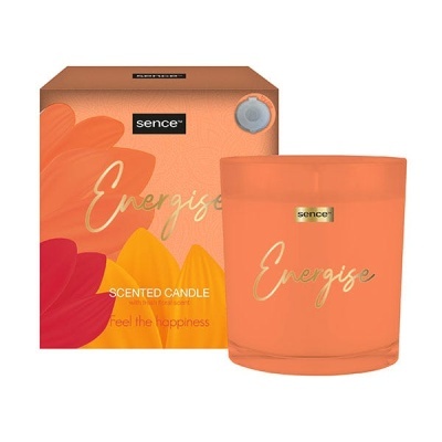 Vela perfumada Sence Energise em vidro laranja com embalagem colorida