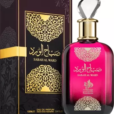 Frasco de perfume vermelho com tampa de cristal e embalagem preta com detalhes dourados