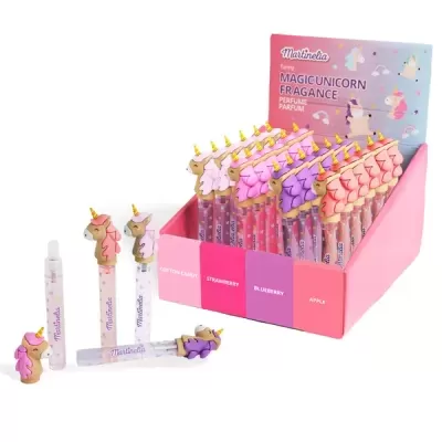 Frascos de perfume com tampas de unicórnios coloridos em caixa rosa rotulada