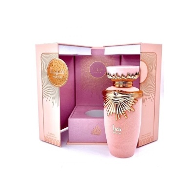 Perfume rosa com detalhes dourados em caixa rosa aberta