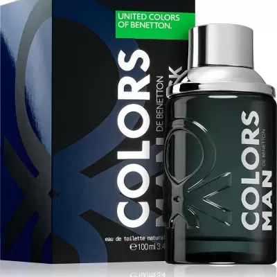 Frasco de perfume preto Colors Man com embalagem da United Colors of Benetton