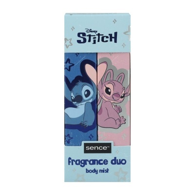 Embalagem azul clara com perfume duo Stitch e Angel Disney, stars decorativas