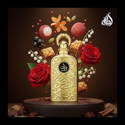 Frasco de perfume dourado com decoração e flores ao redor