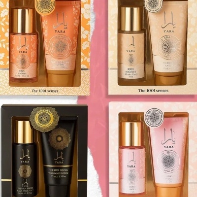 Conjuntos de fragrâncias YARA em caixas coloridas com frascos e tubos embalados.