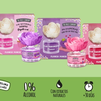 Frascos de vidro com flores coloridas em embalagens temáticas da THE FRUIT COMPANY