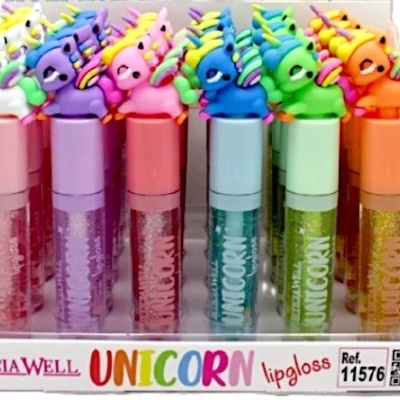 Conjunto de lipgloss com tampas de unicórnio coloridas em embalagem aberta