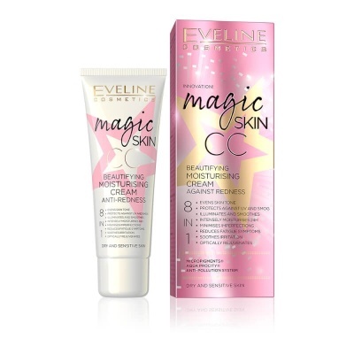 Creme hidratante MAGIC SKIN CC da Eveline Cosmetics em tubo branco e rosa com caixa rosa ao fundo