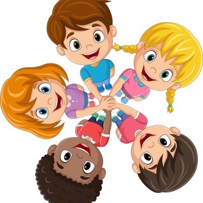 Cinco crianças vistas de cima com as mãos unidas em círculo