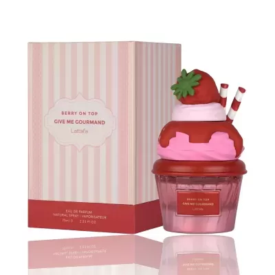 Frasco de perfume com design de gelado e caixa rosa listrada