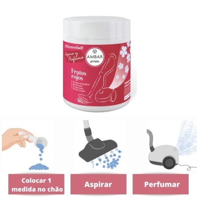 Embalagem de perfume para aspiradores cor branca e rosa com instruções ilustradas para uso.