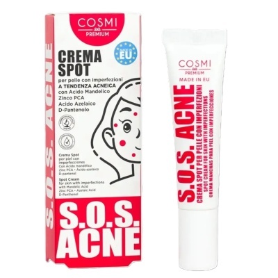Tubo de creme e embalagem S.O.S. Acne COSMI Premium branco e vermelho