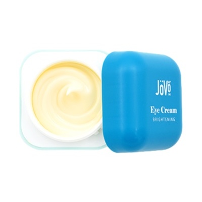 Creme para olhos JÖVÓ em frasco azul com tampa e creme amarelo no interior
