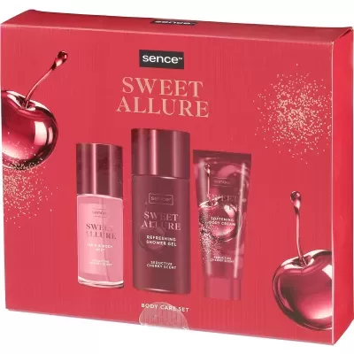 Conjunto Sence Sweet Allure com produtos para cuidados corporais em embalagem vermelha