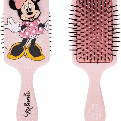 Escova de cabelo rosa com desenho da Minnie Mouse e texto Minnie