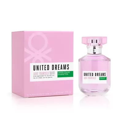 Perfume UNITED DREAMS LOVE YOURSELF da UNITED COLORS OF BENETTON com embalagem rosa