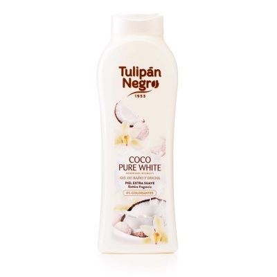Frasco branco de gel de banho Tulipán Negro Coco Pure White com imagens de coco