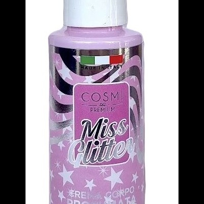 Frasco rosa com doseador branco e texto Miss Glitter em creme corporal