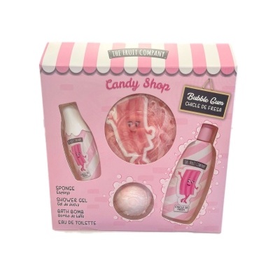 Conjunto de cuidado pessoal Candy Shop com esponja, gel de duche, bomba de banho e eau de toilette em embalagem rosa