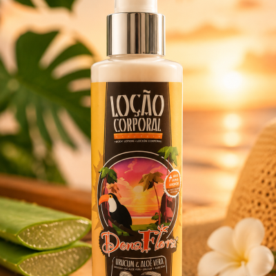 Loção corporal Dona Flora com urucum e aloé vera em embalagem plástica com spray