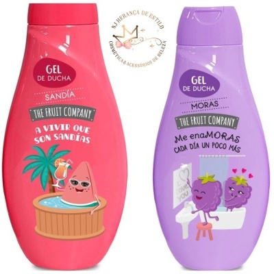 Duas embalagens coloridas de gel de duche com ilustrações divertidas e texto em espanhol.