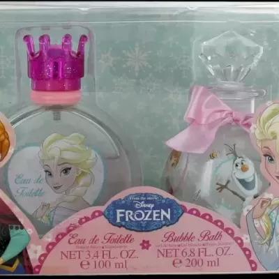 Conjunto perfumado Frozen com personagens Anna, Elsa e Olaf em frascos decorados