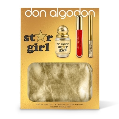 Conjunto Don Algodon Star Girl com eau de toilette, gloss labial, eyeliner gliter e necessaire dourada.