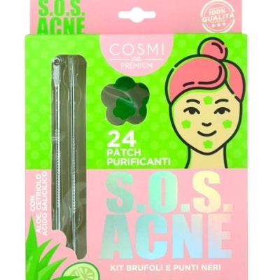 Caixa de kit de tratamento para acne com patches purificantes e ilustração de rosto feminino.