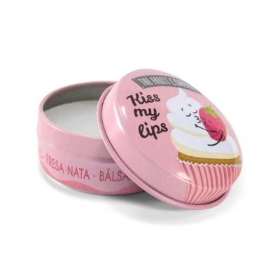 Frasco metálico rosa com tampa ilustrada e texto Kiss my lips